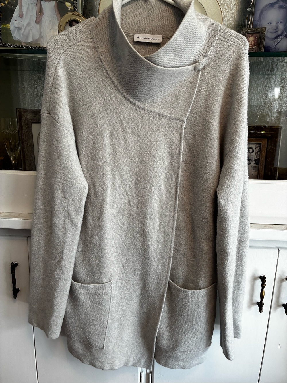 White & Warren Asymmetrical Collar Large Sweater Jacket - Light Gray